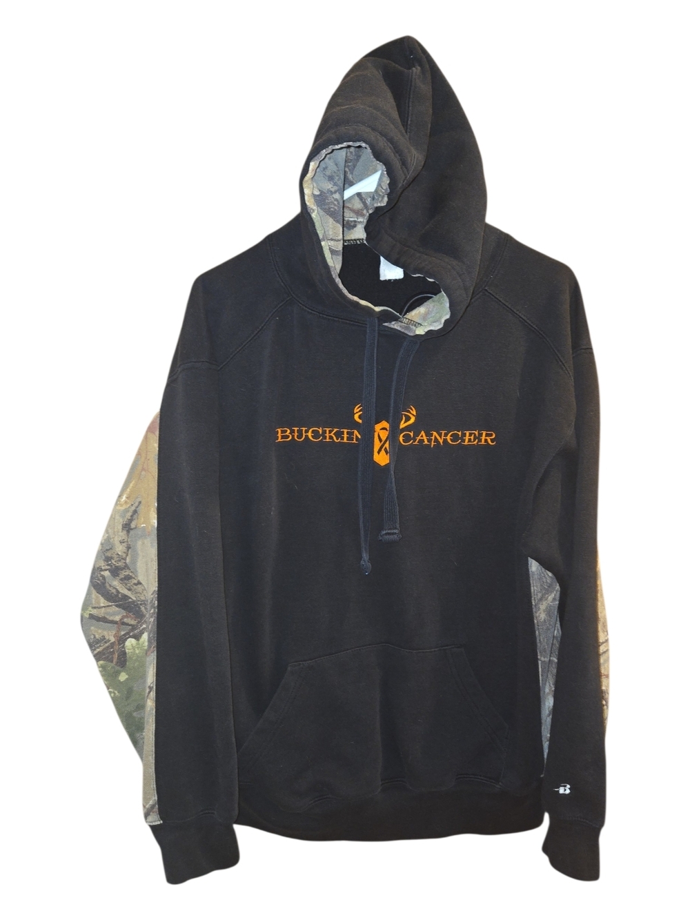 Rare Buckin Cancer Embroidered Camo Accent Hoodie Unisex Large Ptp 24 Men Women